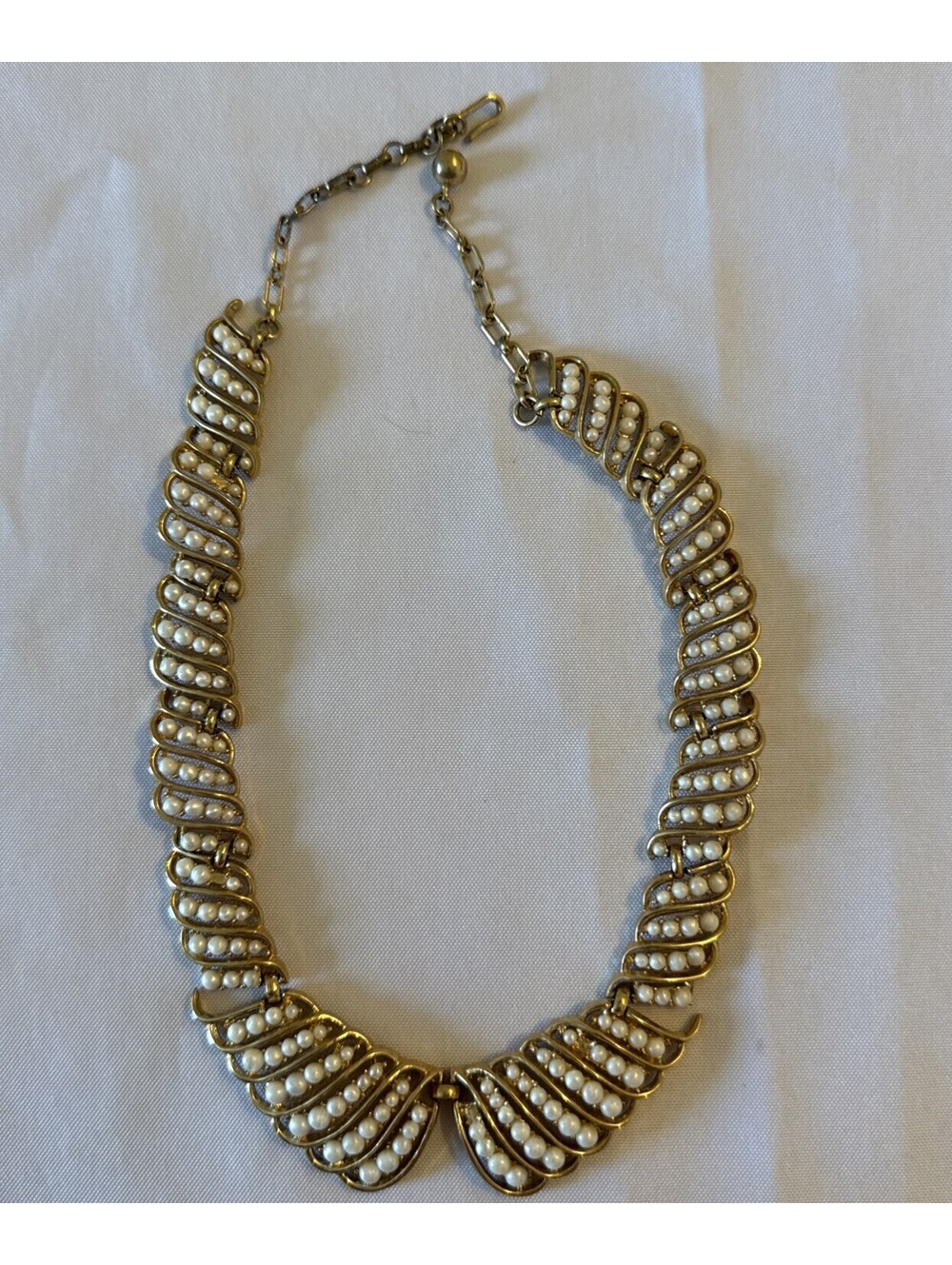 Vintage Signed TRIFARI Gold Tone Faux Pearl Statement Collar Necklace